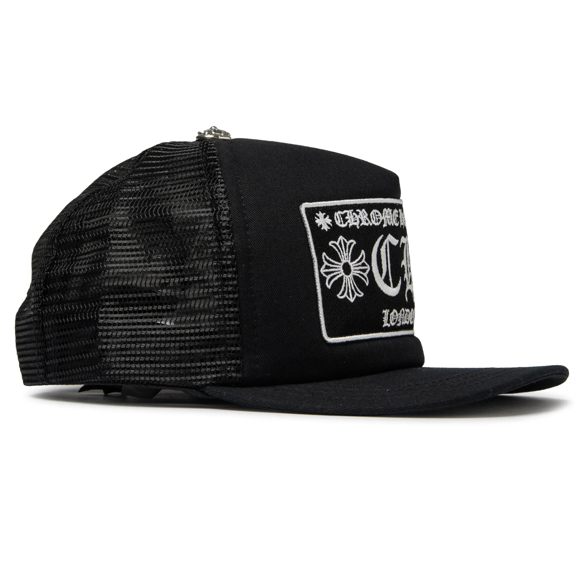 Front side View of Chrome Hearts CH London Black Trucker Cap